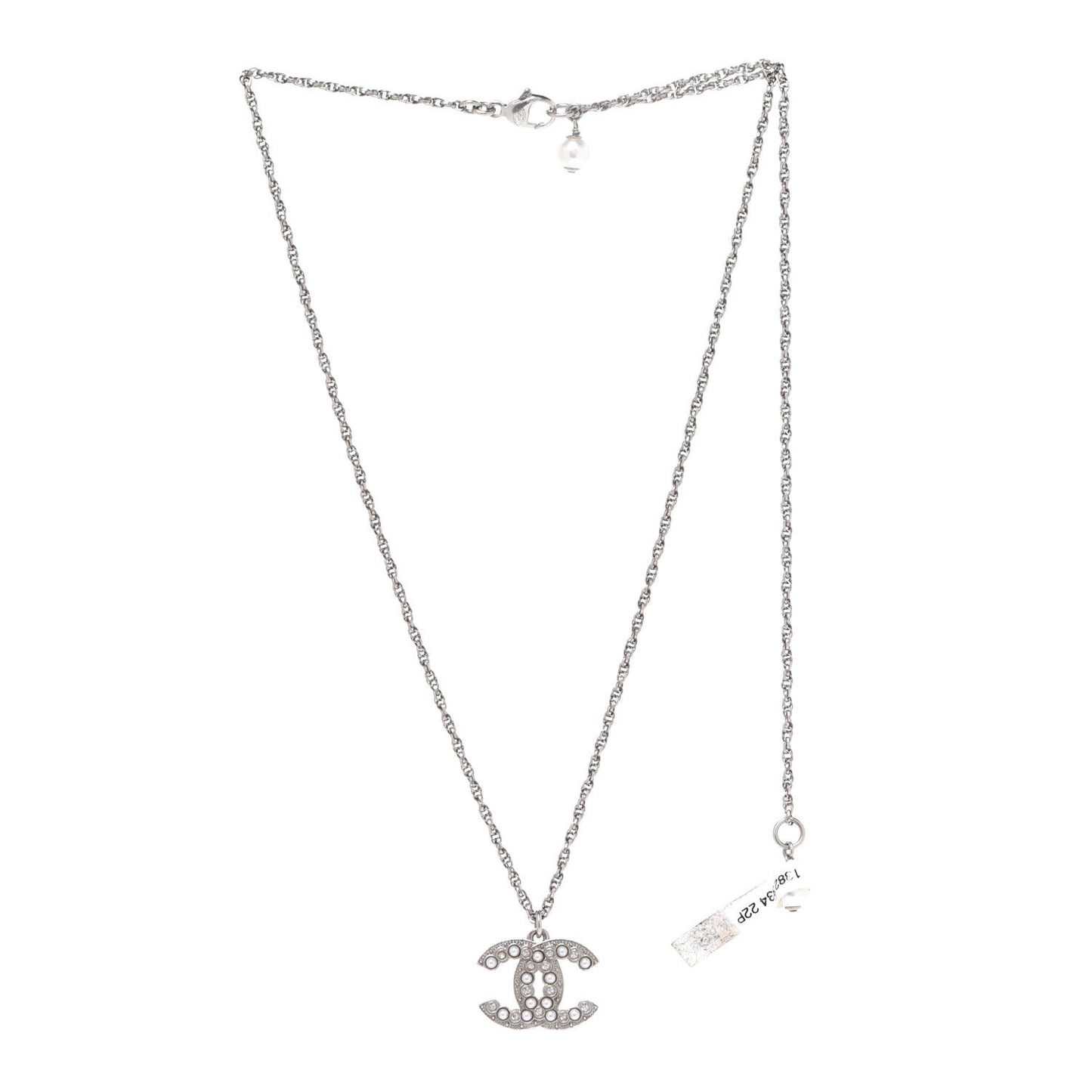 Crystal Pearl CC Pendant Necklace Silver