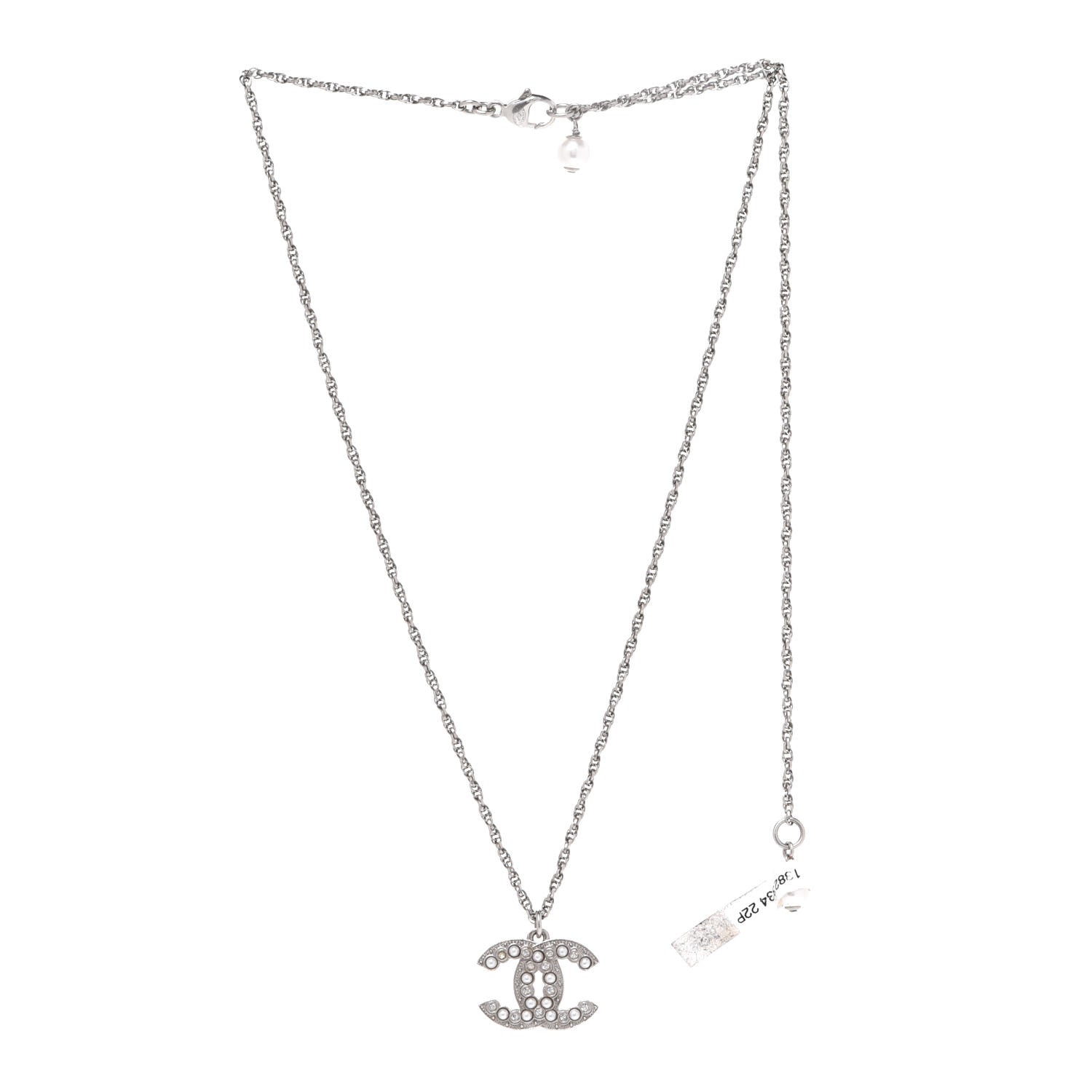 Chanel Crystal Pearl CC Pendant Necklace Silver 3 of 7