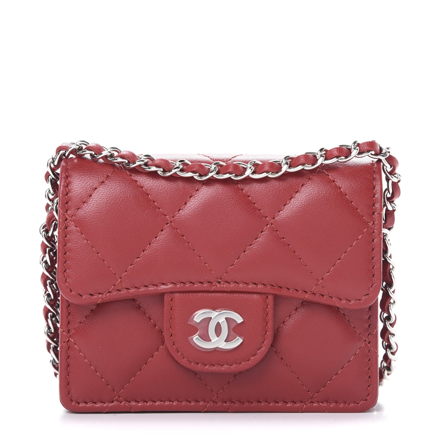 Chanel Lambskin Quilted Flap Card Holder On Chain Dark Red 1 of 10