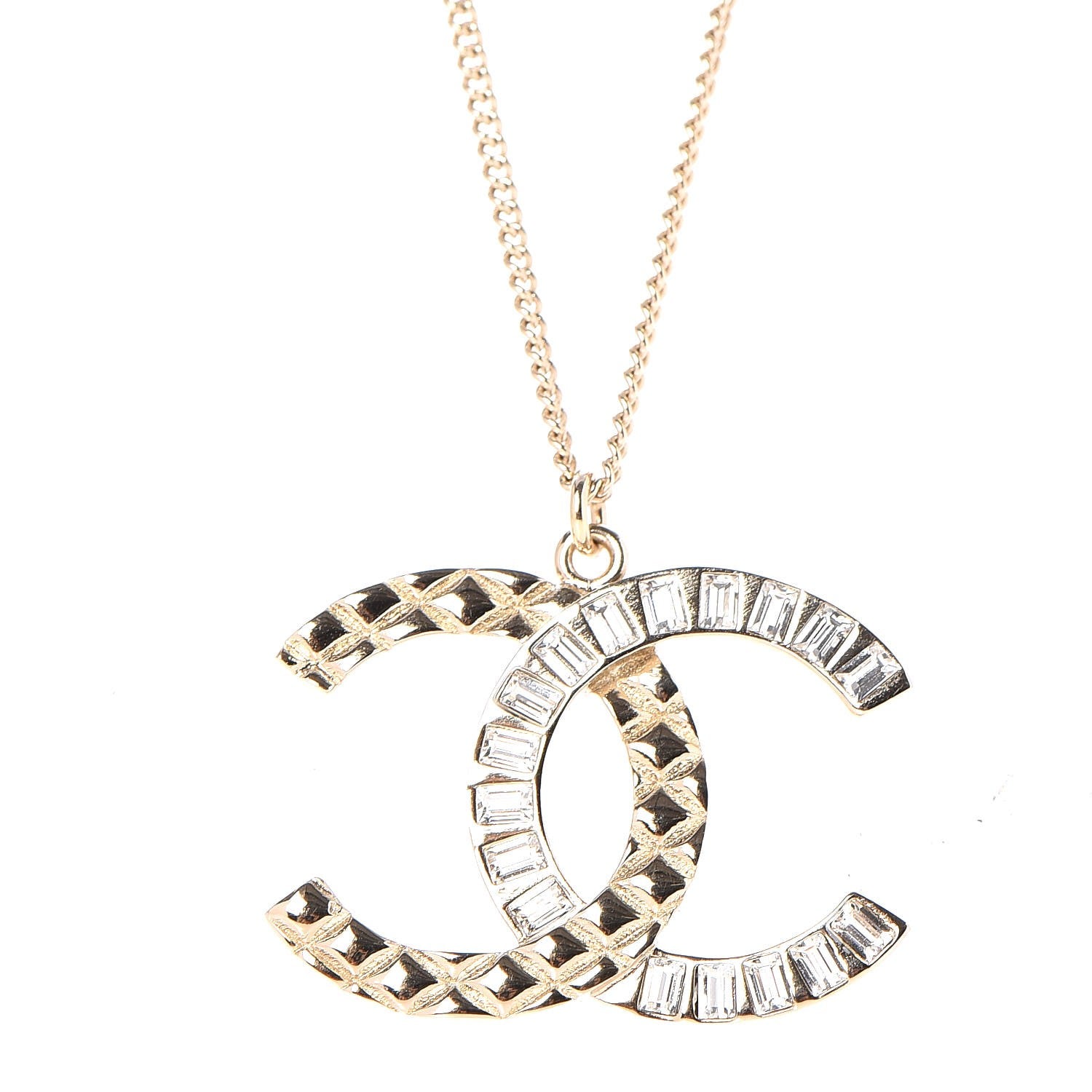 Chanel Baguette Crystal Quilted CC Pendant Necklace Gold 4 of 6