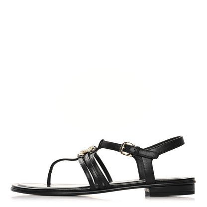 Chanel Lambskin Pearl Crystal CC Thong Sandals 38.5 Black 1 of 9
