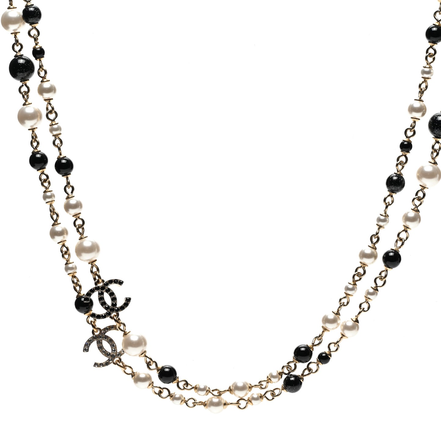 Pearl Bead Crystal CC Long Necklace Black Gold