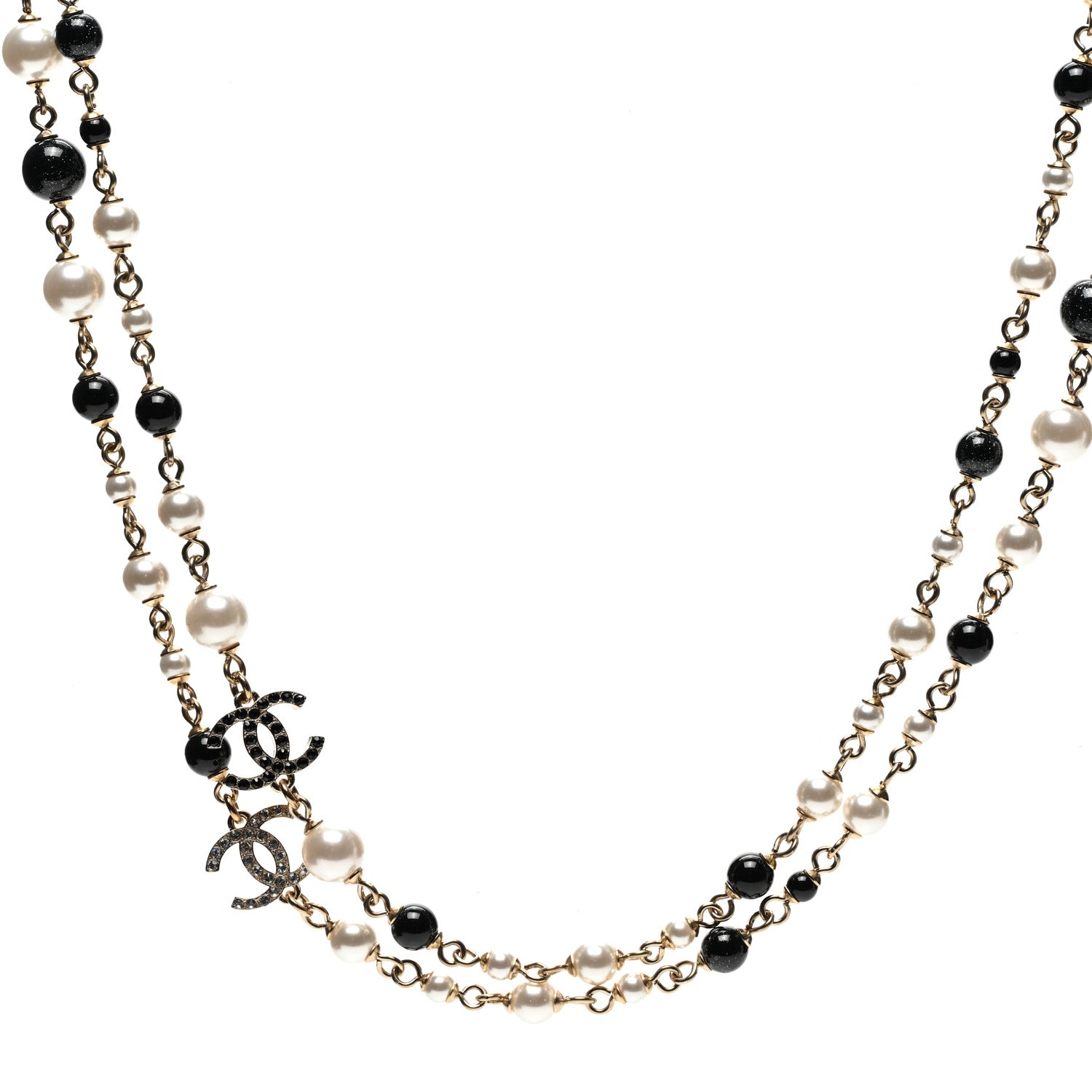 Chanel Pearl Bead Crystal CC Long Necklace Black Gold 1 of 6