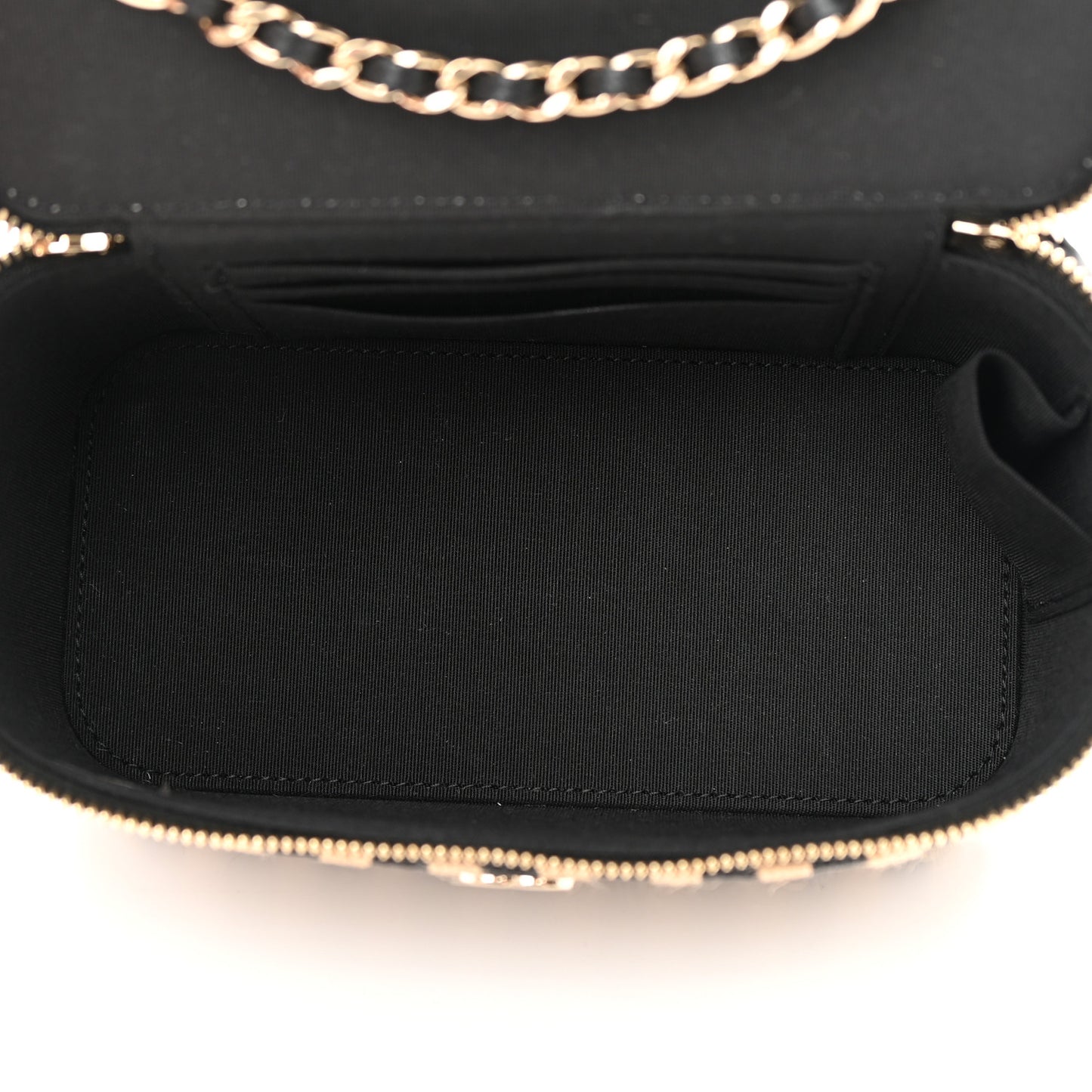Raffia Jute Striped Small Vanity Case With Chain Black Beige