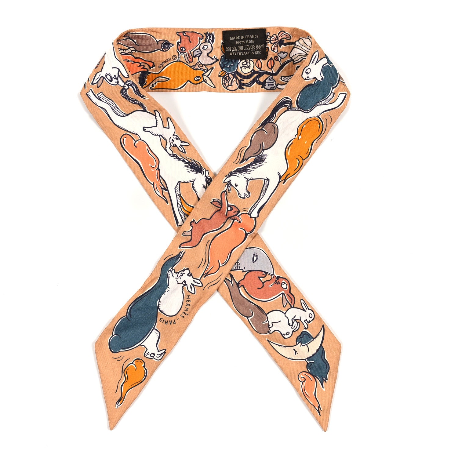 Hermes Silk Mille Et Un Lapins Twilly Beige Dore Abricot White 1 of 3
