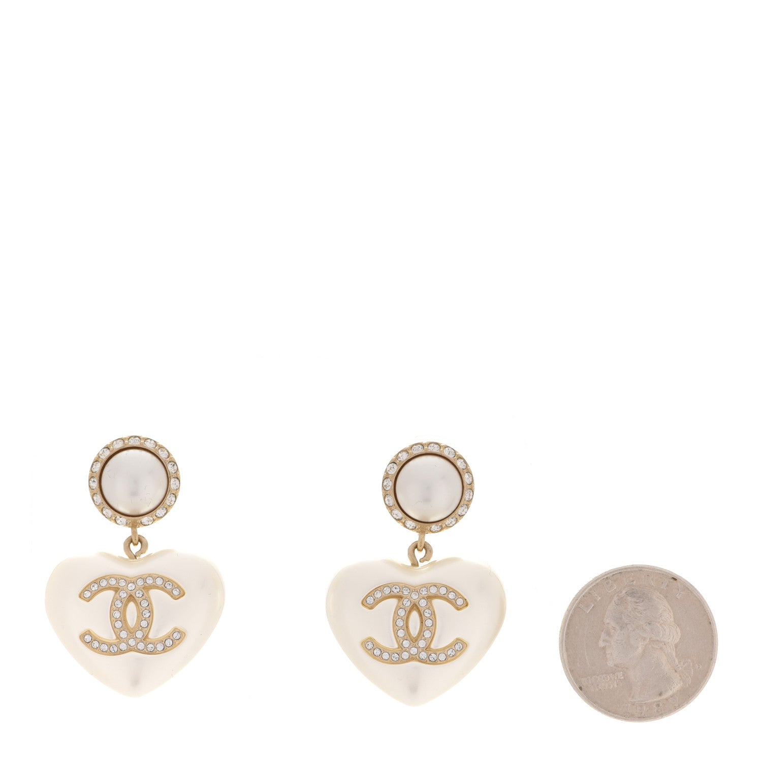 Chanel Pearl Crystal CC Heart Drop Earrings Gold 2 of 5