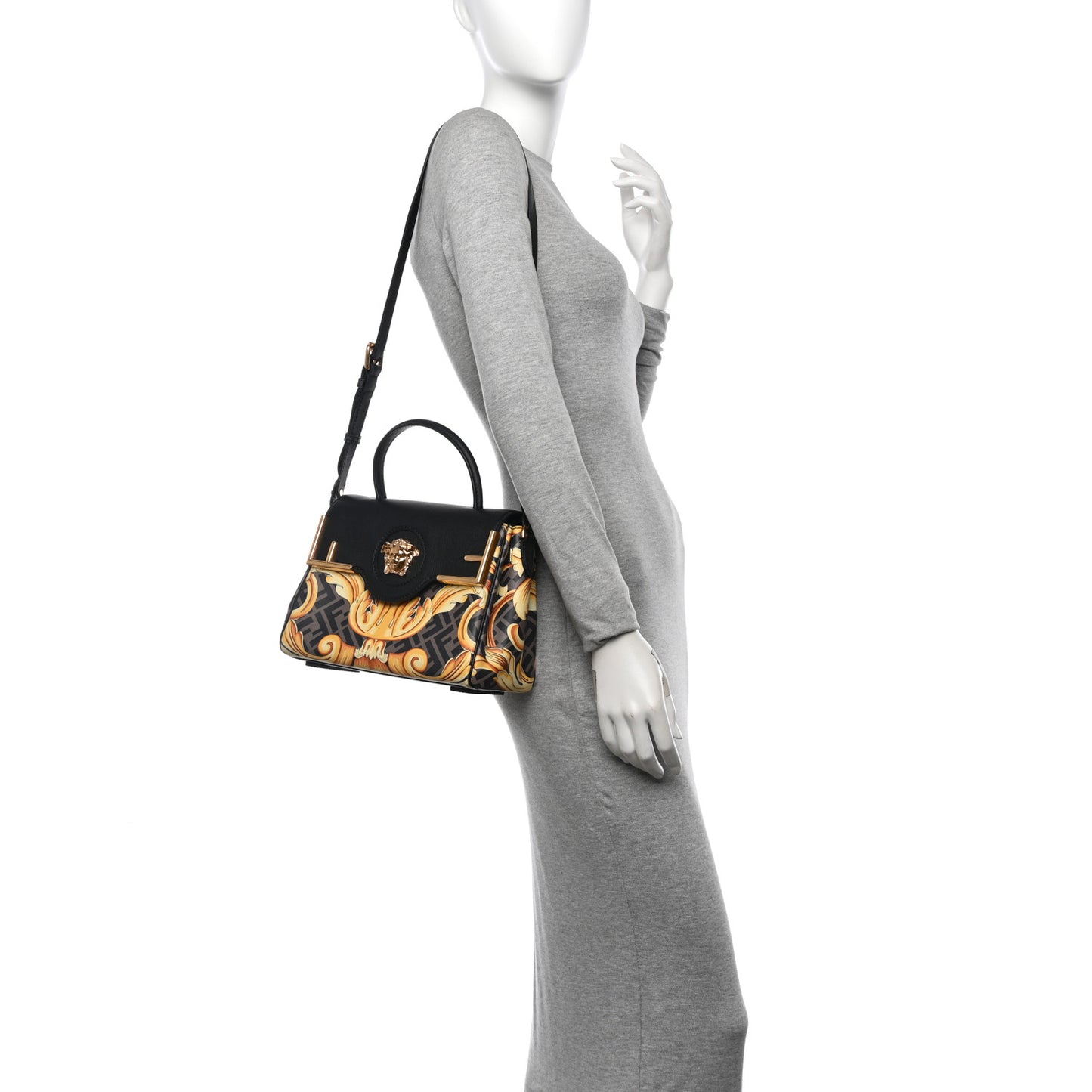 X FENDI Grained Calfskin Fendace La Medusa Medium Top Handle Bag Black Multicolor