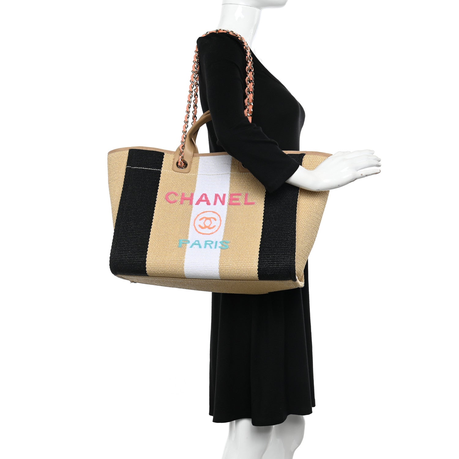 Chanel Straw Raffia Calfskin Striped Medium Deauville Tote Black Beige Ivory 2 of 12