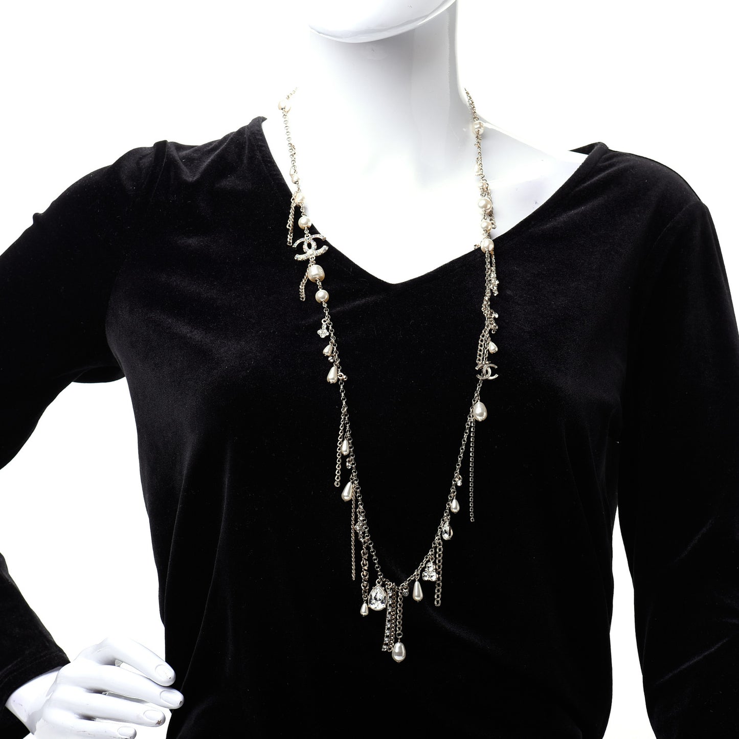 Pearl Crystal CC Long Necklace Gold