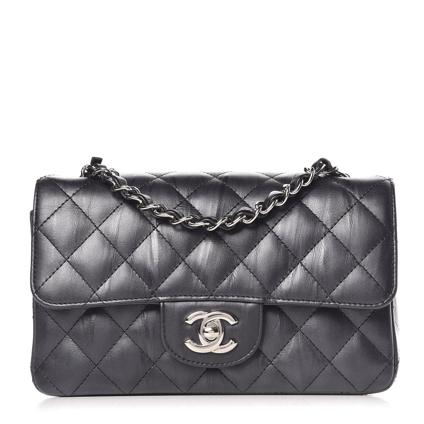 Iridescent Calfskin Quilted Mini Rectangular Flap Charcoal