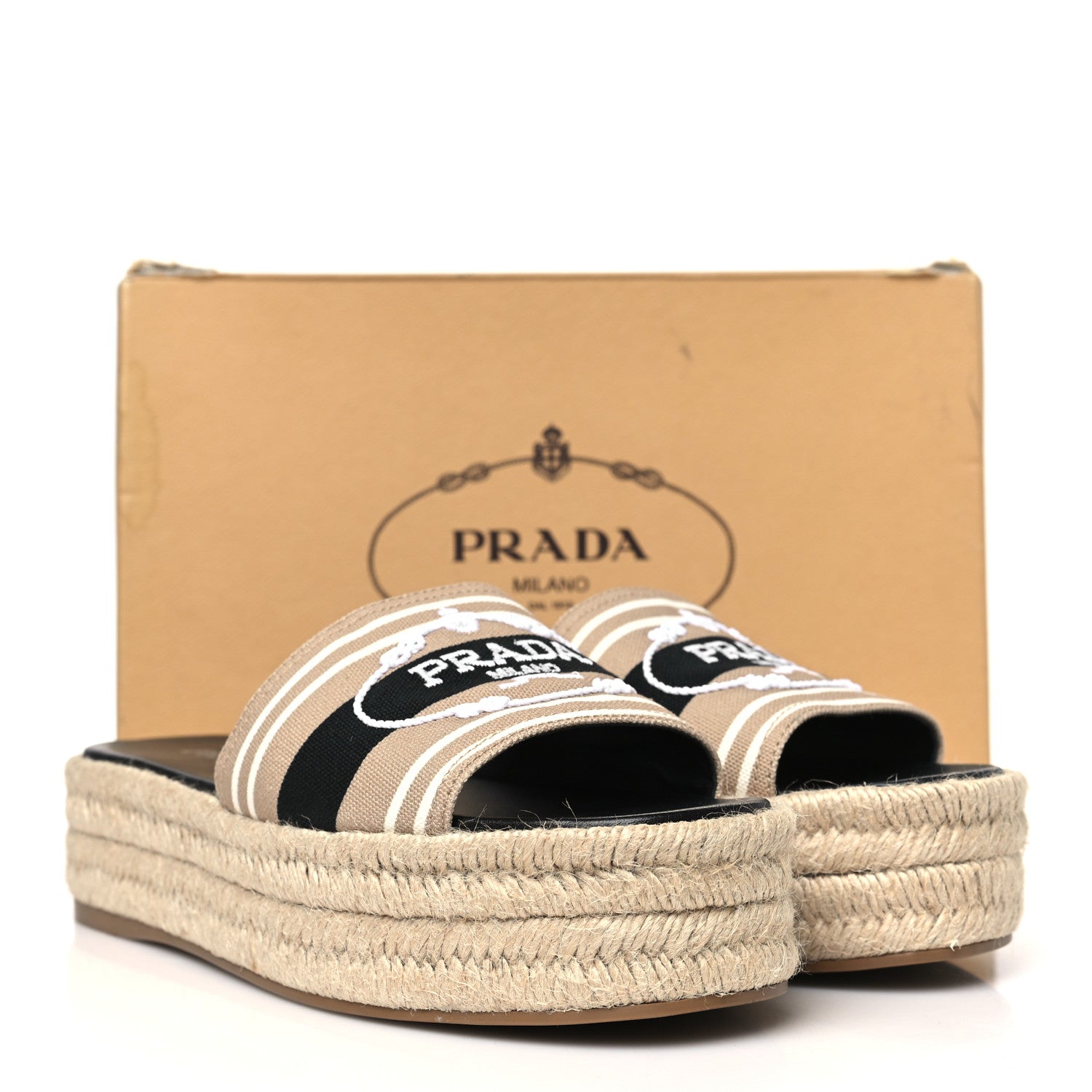 Prada Canvas Logo Espadrilles Sandals 39 Beige Black 9 of 9