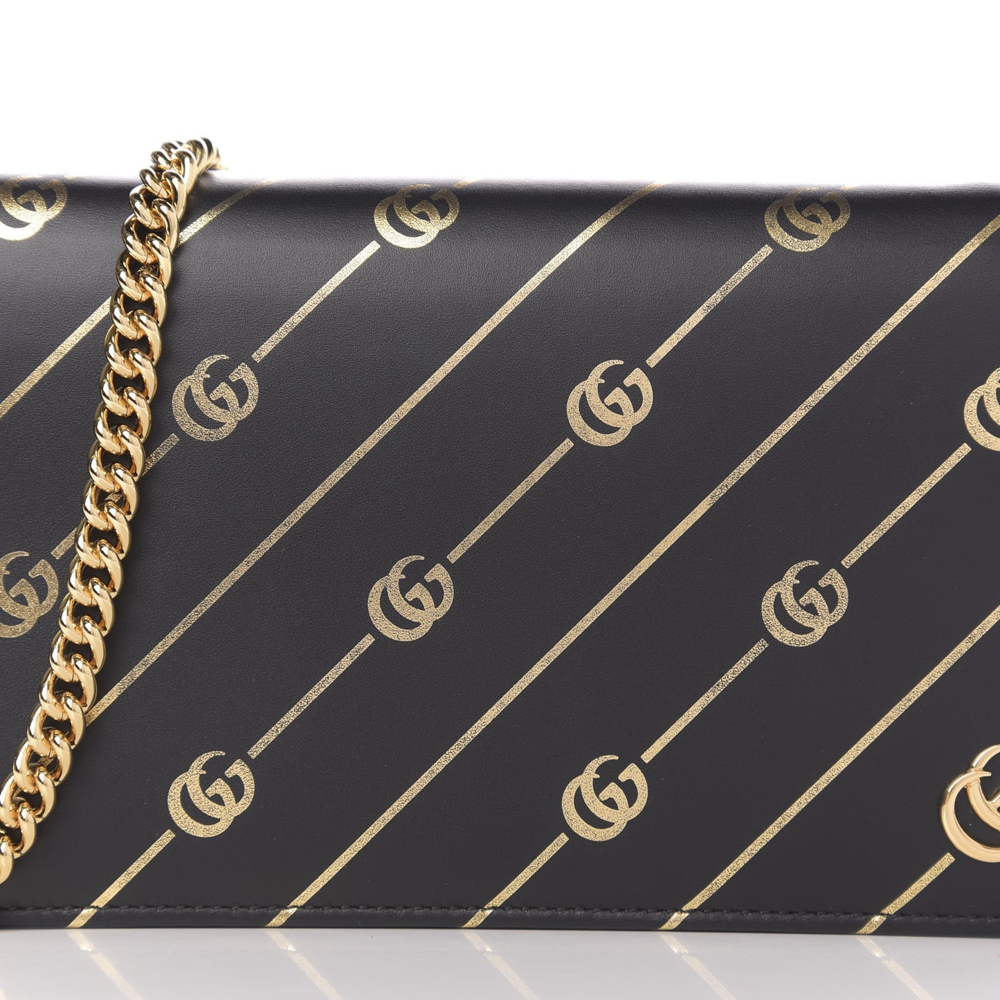 Calfskin Diagonal GG Mini Chain Wallet Black Gold