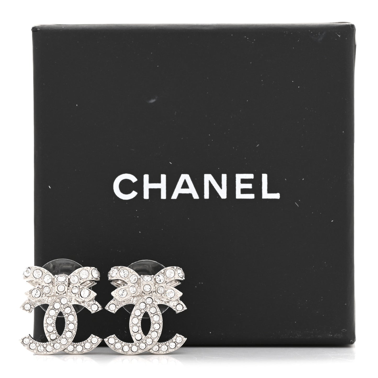 Crystal CC Bow Dangle Earrings Silver