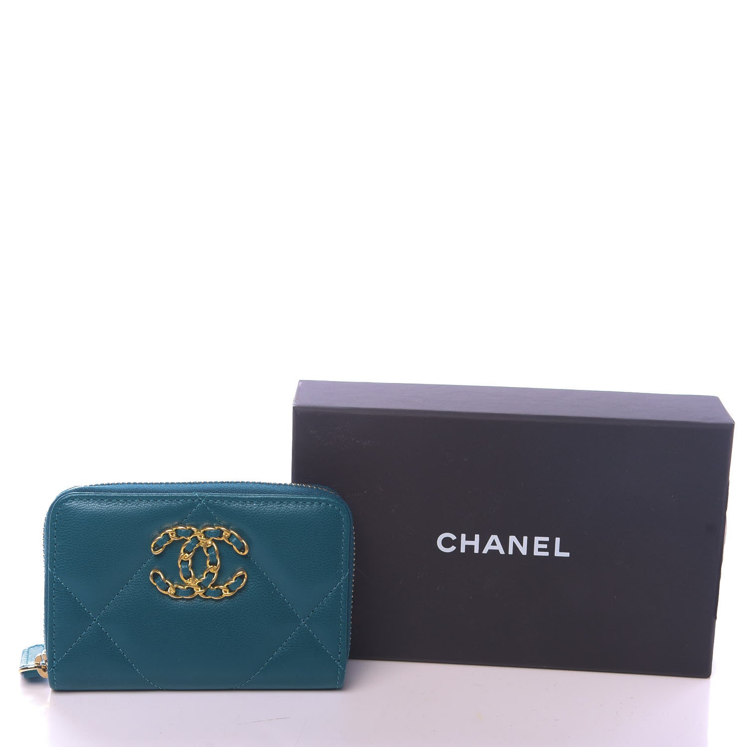 Chanel Lambskin Quilted Chanel 19 Zip Around Coin Purse Wallet Turquoise 8 of 8
