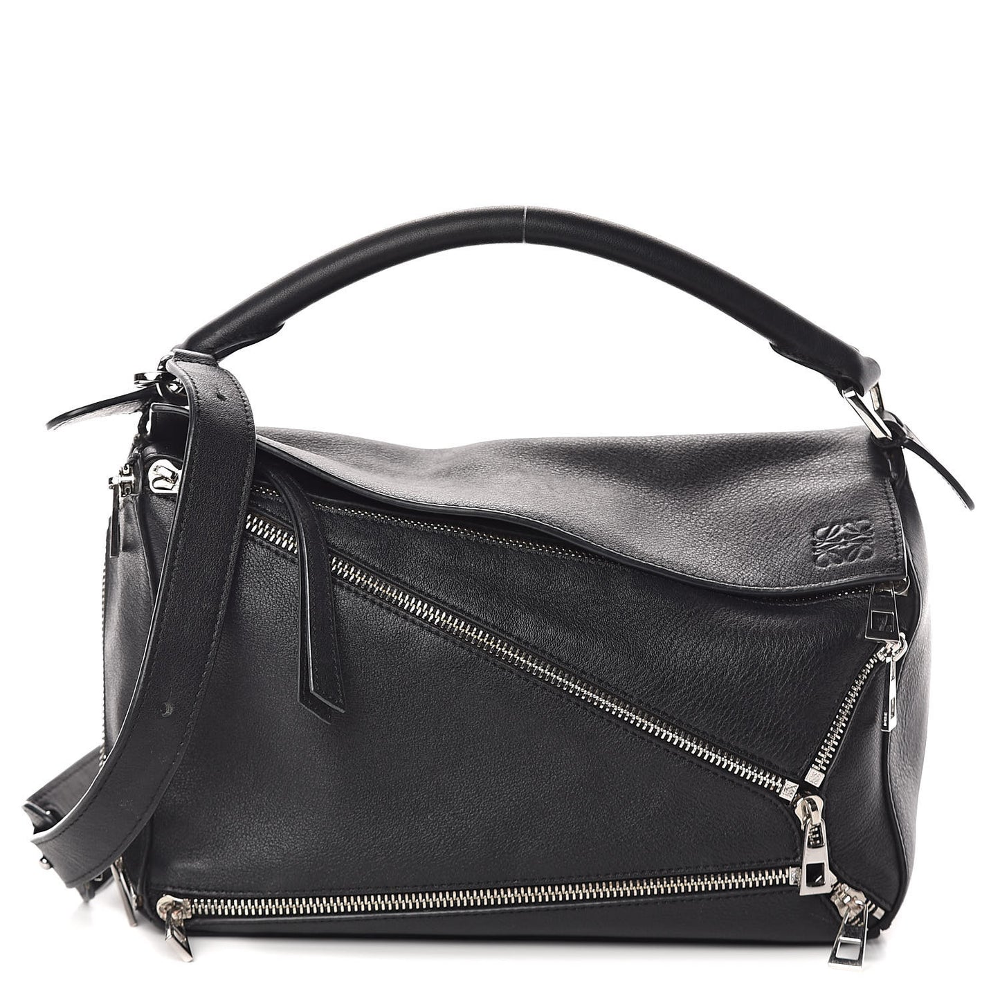 Calfskin Zipper Puzzle Bag Black