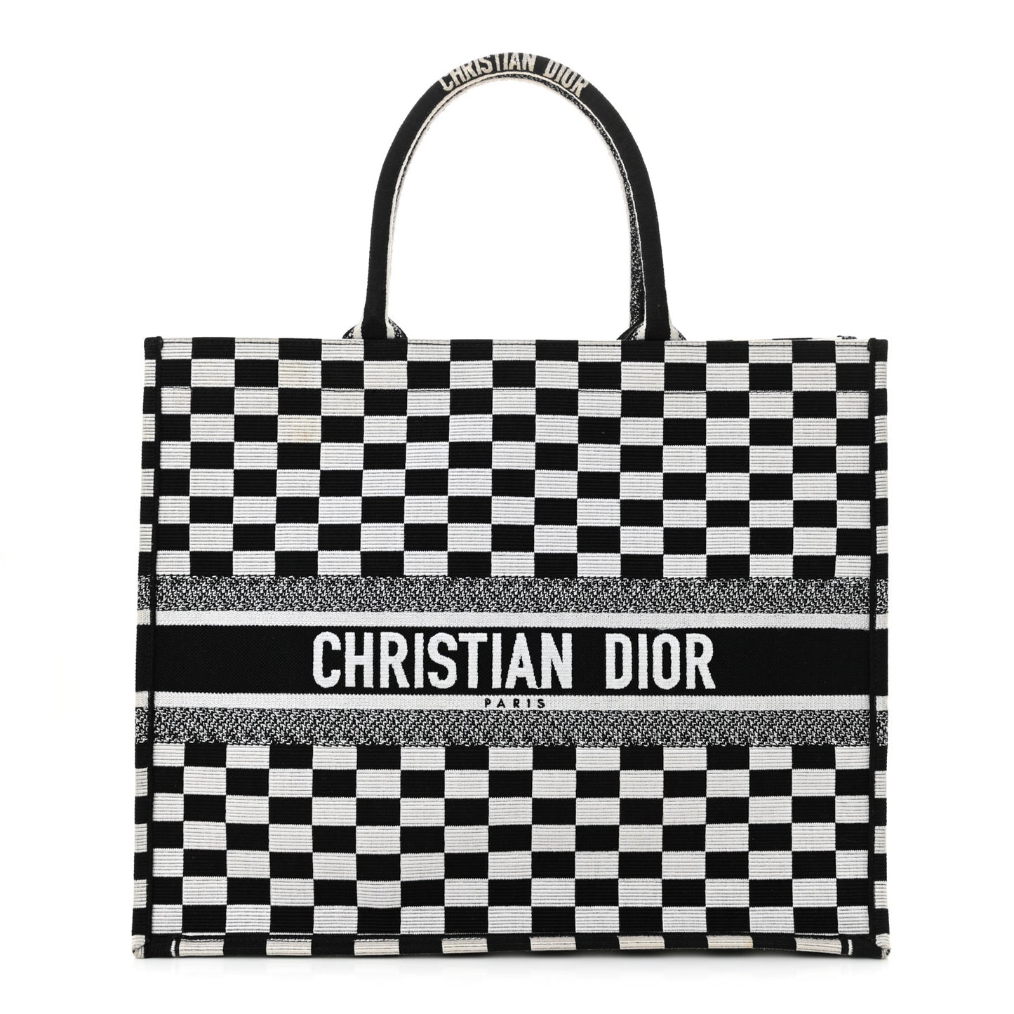 Canvas Embroidered Checkered Book Tote Black White