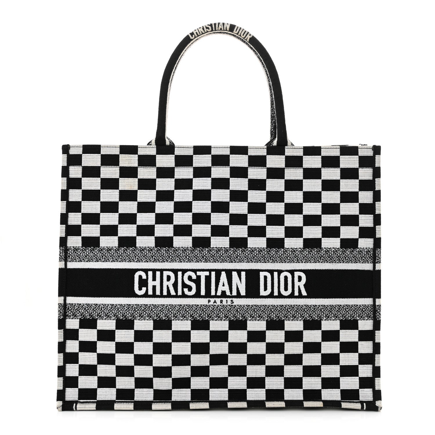 Christian Dior Canvas Embroidered Checkered Book Tote Black White 1 of 13