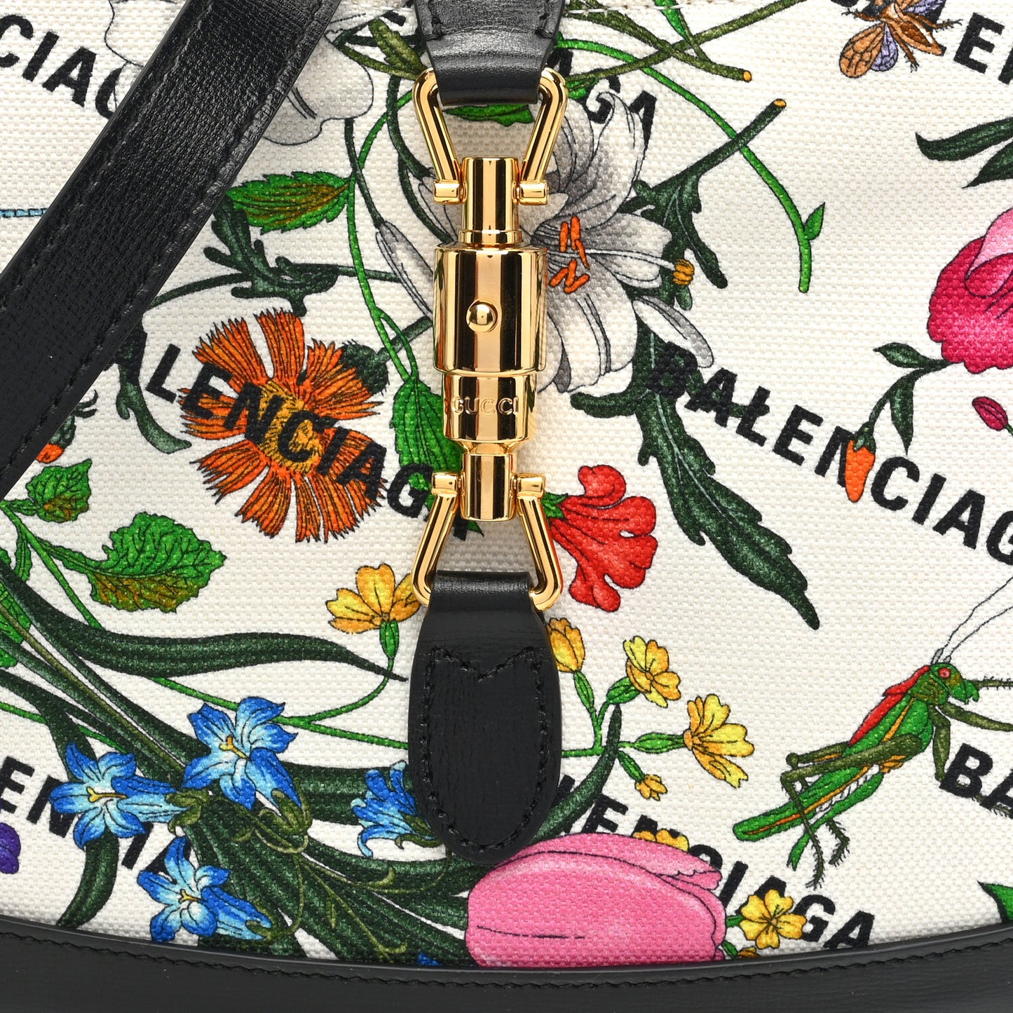 X BALENCIAGA Canvas Boarded Pluton Calfskin Flora Logo Print Small Jackie 1961 Hobo White Multicolor Black