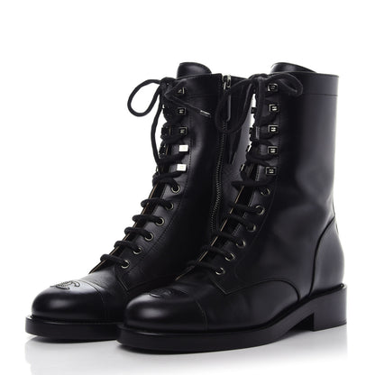 Chanel Calfskin Lace Up Combat Boots 39.5 Black 3 of 7