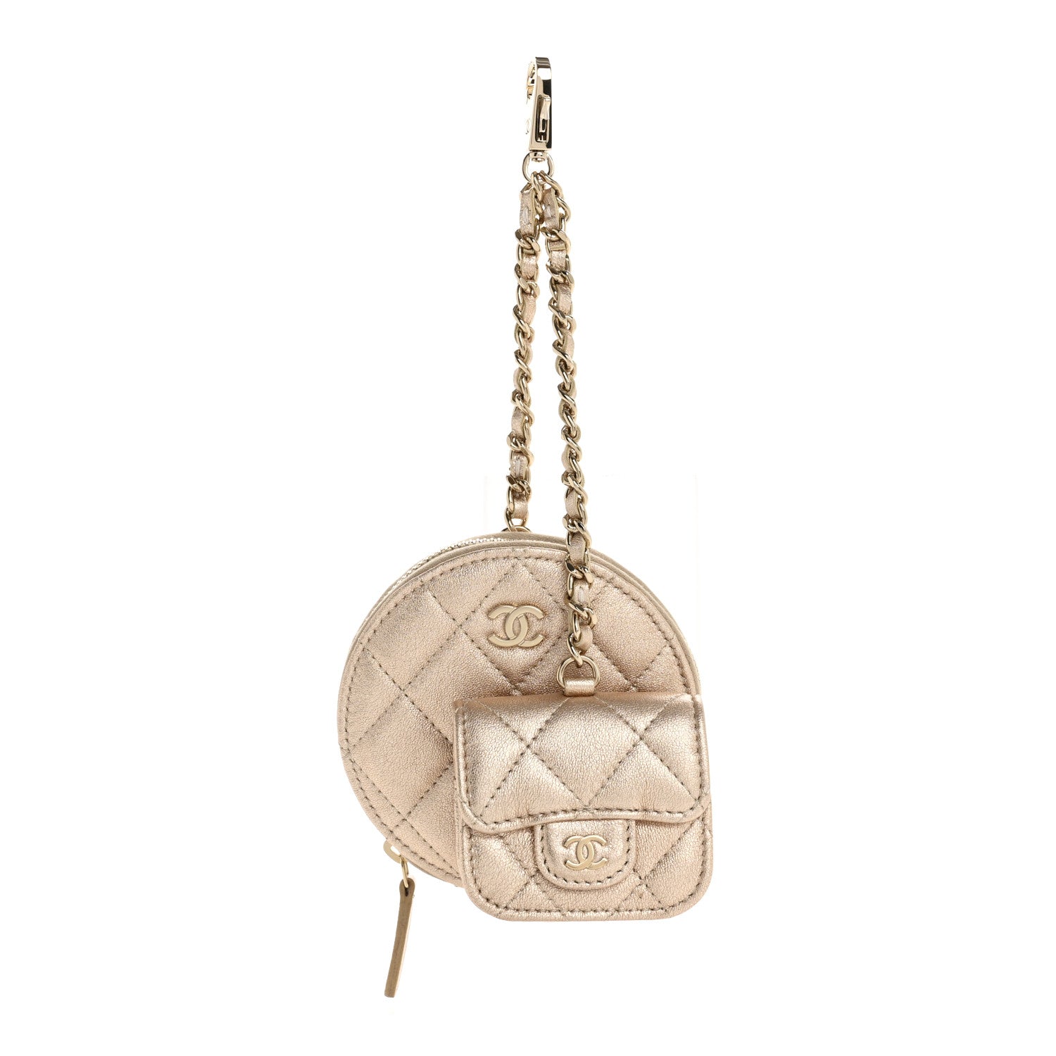 Chanel Metallic Lambskin Quilted Round Clip On Coin Purse Airpods Case Gold 1 of 8