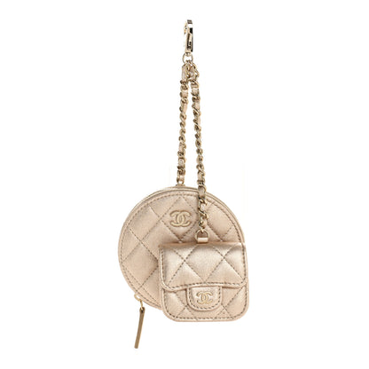 Chanel Metallic Lambskin Quilted Round Clip On Coin Purse Airpods Case Gold 1 of 8