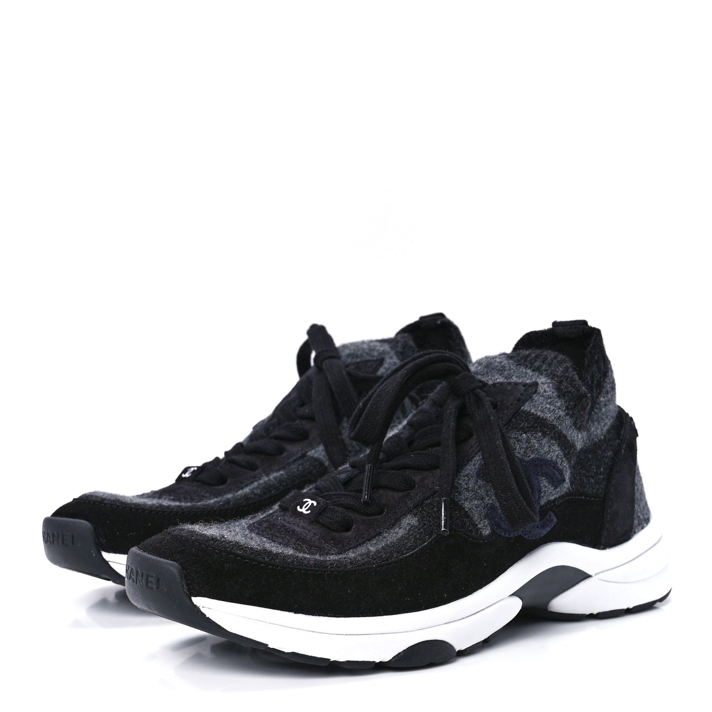 Knit Fabric Suede Calfskin Womens CC Sneakers 36.5 Grey Black