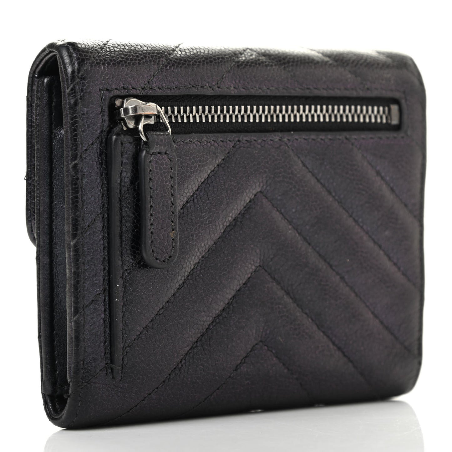 Iridescent Caviar Chevron Quilted Compact Flap Wallet Black