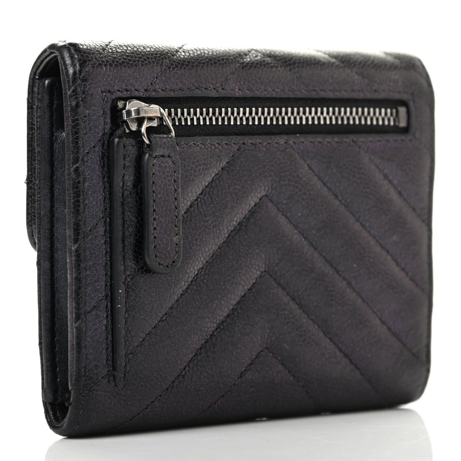 Chanel Iridescent Caviar Chevron Quilted Compact Flap Wallet Black 3 of 11