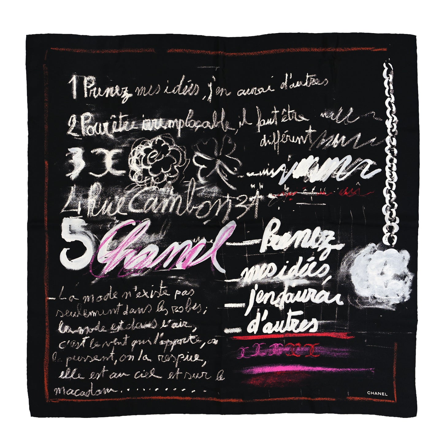 Silk Twill Chalk Print CC Square Scarf Black