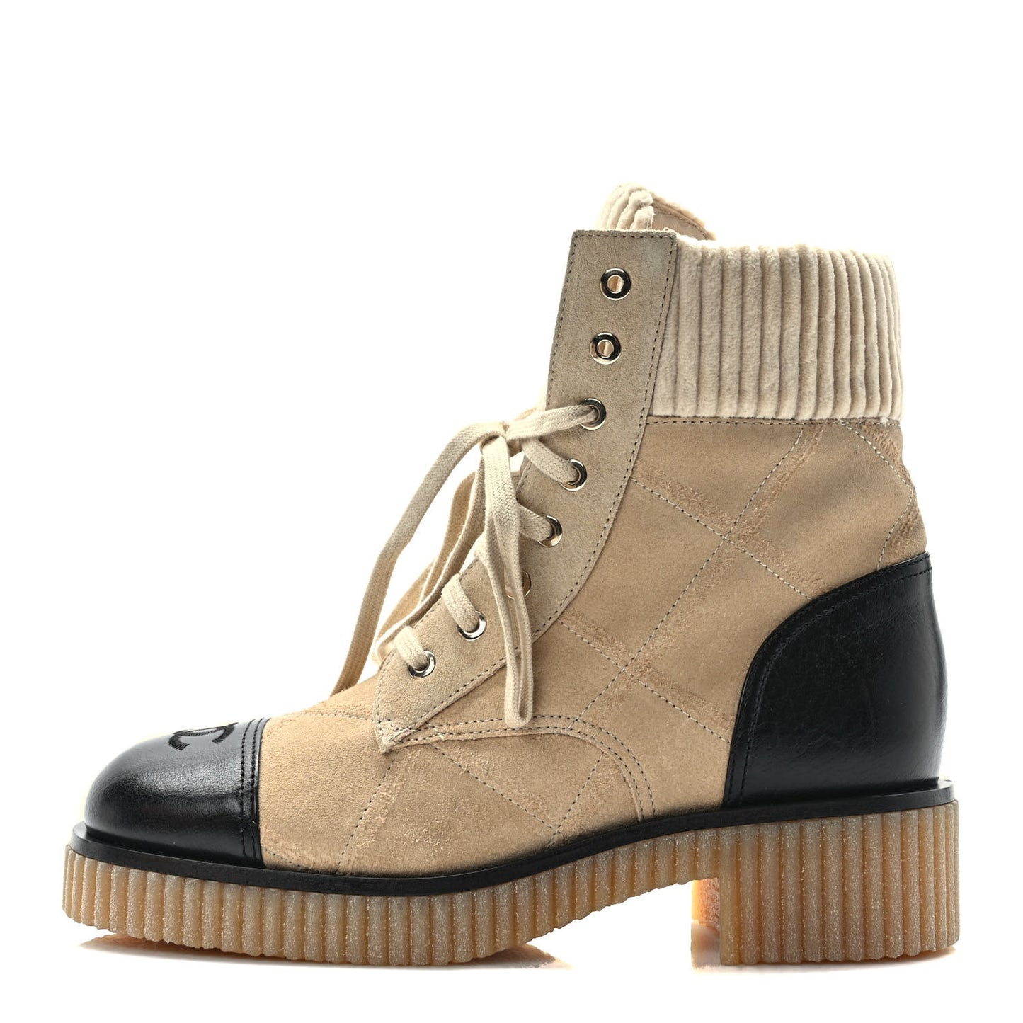 Suede Calfskin Velvet Quilted CC Combat Boots 39 Beige Black