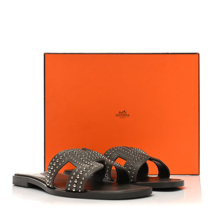 Hermes Calfskin Studded Oran Sandals 36.5 Gris Galet 10 of 10