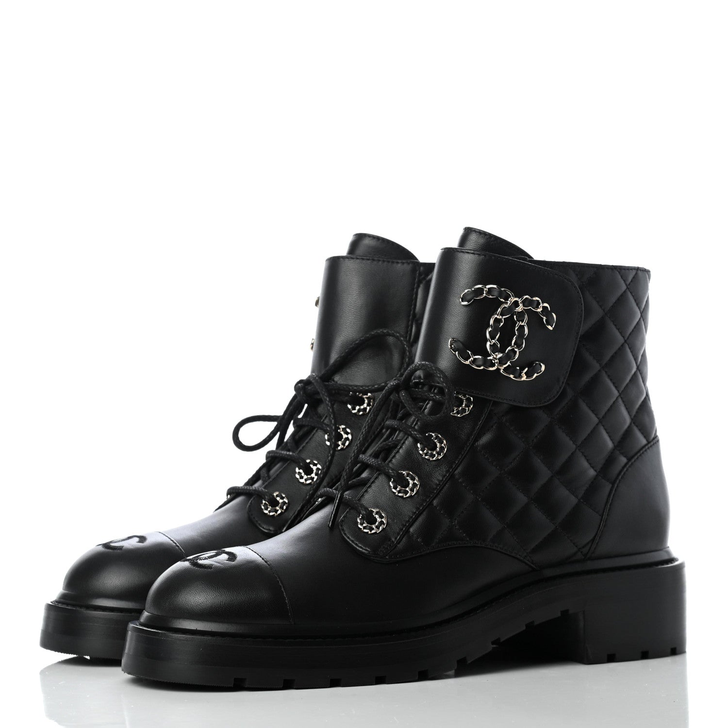 Chanel Shiny Lambskin Quilted Lace Up Combat Boots 38.5 Black 6 of 22