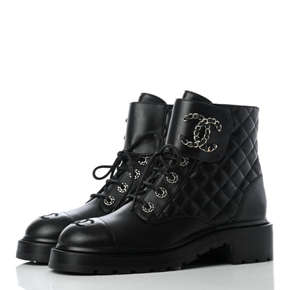 Chanel Shiny Lambskin Quilted Lace Up Combat Boots 38.5 Black 6 of 22