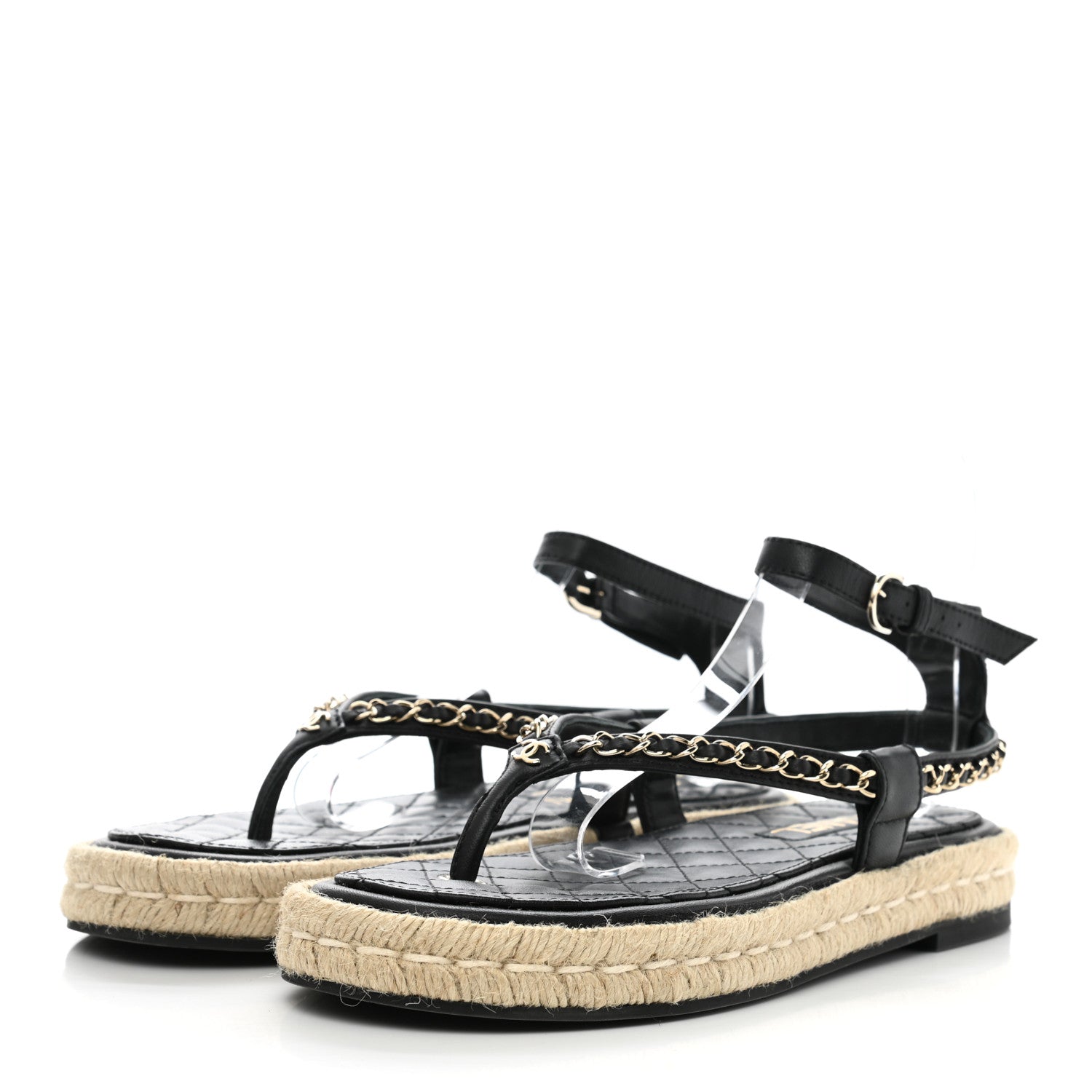 Chanel Lambskin Chain CC Thong Espadrille Sandals 39 Black 3 of 8