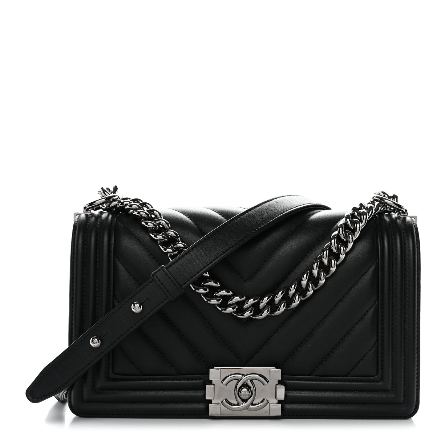 Calfskin Chevron Quilted Medium Boy Flap Black