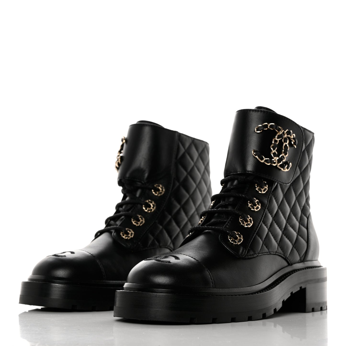 Shiny Lambskin Quilted Lace Up Combat Boots 36.5 Black