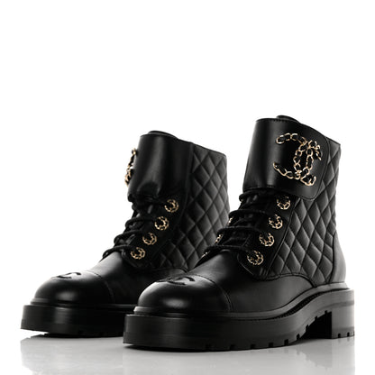 Chanel Shiny Lambskin Quilted Lace Up Combat Boots 36.5 Black 3 of 9