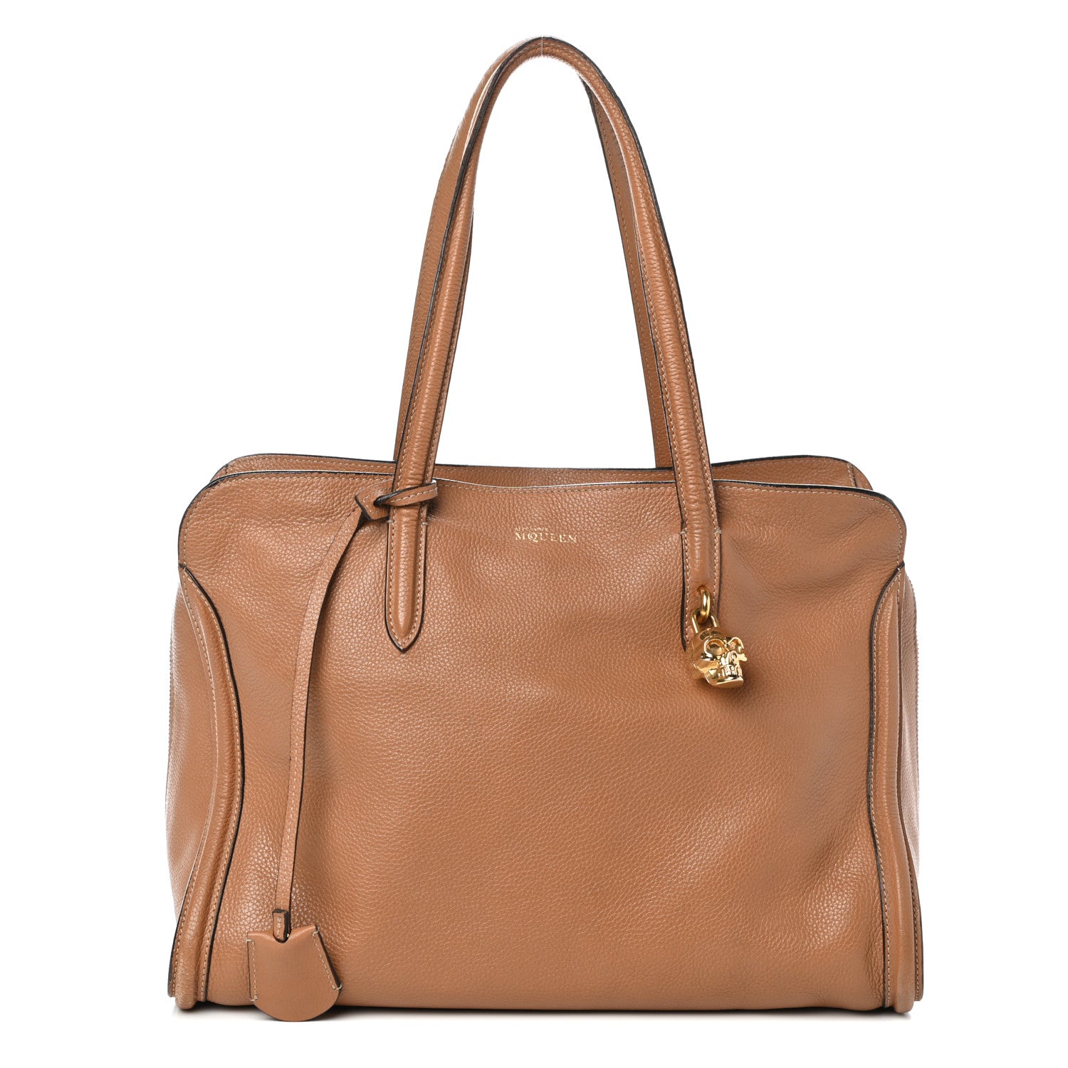 Alexander McQueen Pebbled Calfskin Large Skull Padlock Zip Around Tote Camel 1 of 12