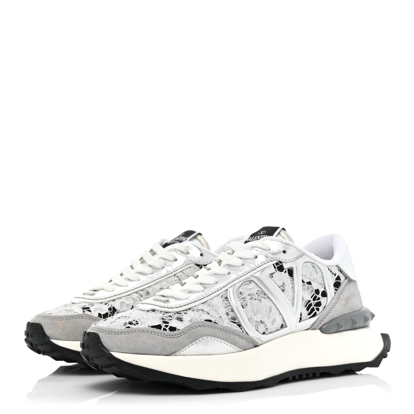 Metallic Calfskin Lace Mesh Lacerunner Sneaker 37.5 Silver Pastel Gray