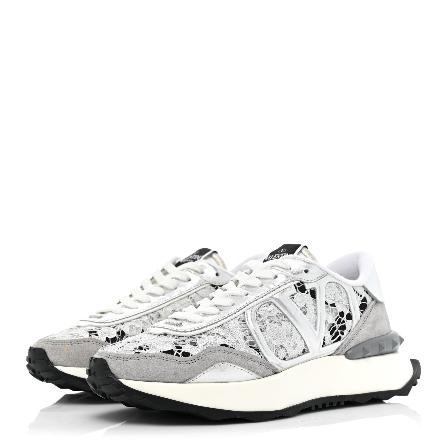 Valentino Garavani Metallic Calfskin Lace Mesh Lacerunner Sneaker 37.5 Silver Pastel Gray 3 of 15