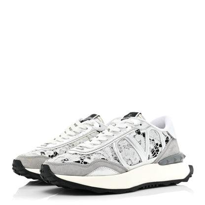 Valentino Garavani Metallic Calfskin Lace Mesh Lacerunner Sneaker 37.5 Silver Pastel Gray 3 of 15