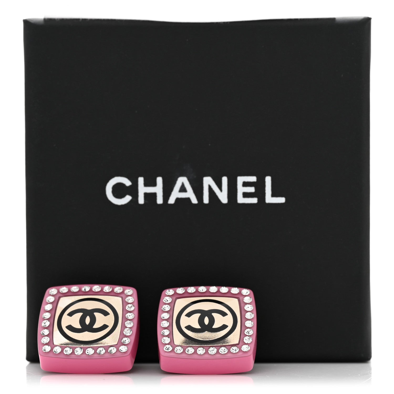 Chanel Metal Resin Crystal CC Square Earrings Gold White Pink 5 of 5