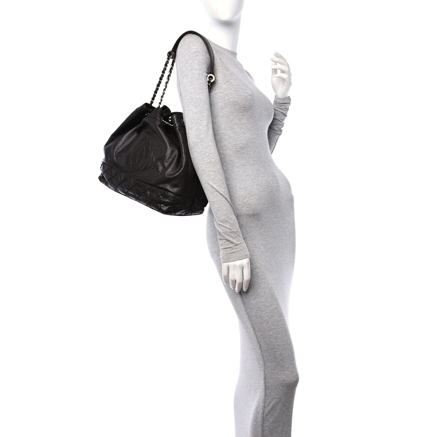 Calfskin Drawstring CC Bucket Bag Dark Brown