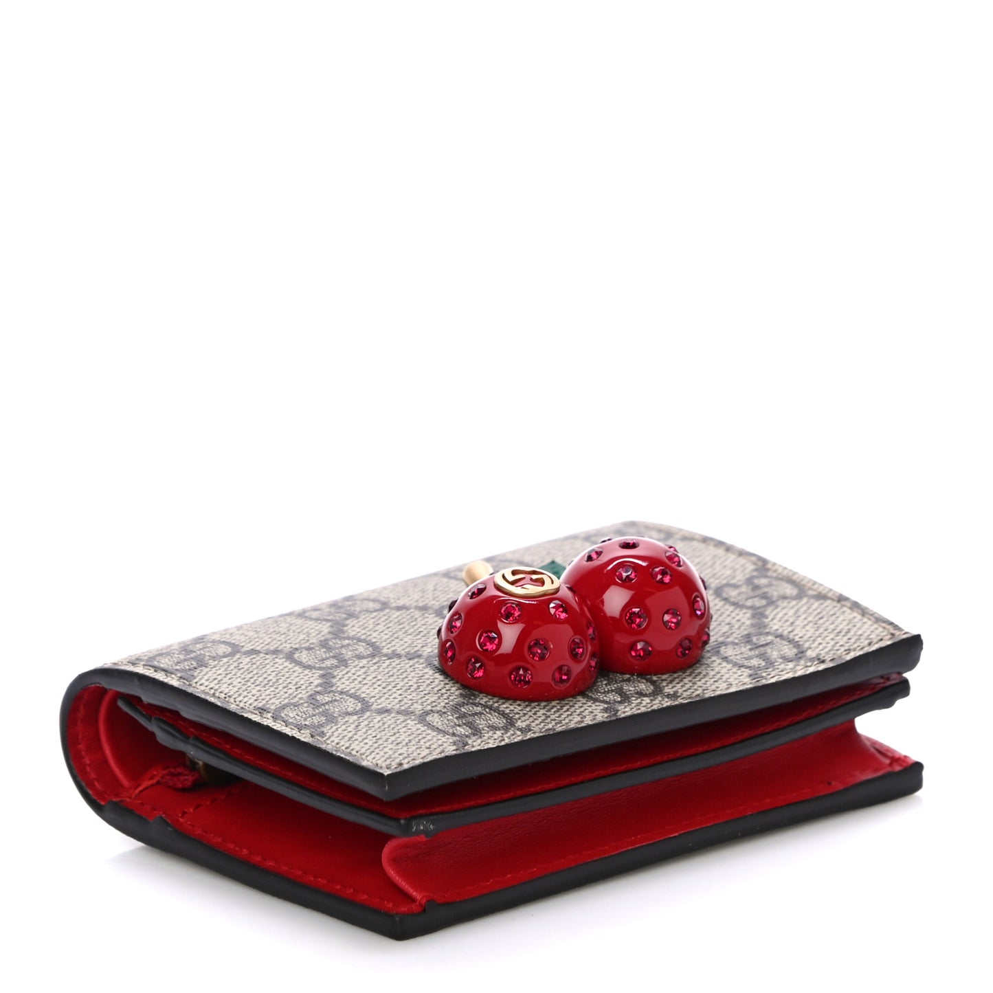 GG Supreme Monogram Cherry Embellished Card Case Wallet Hibiscus Red