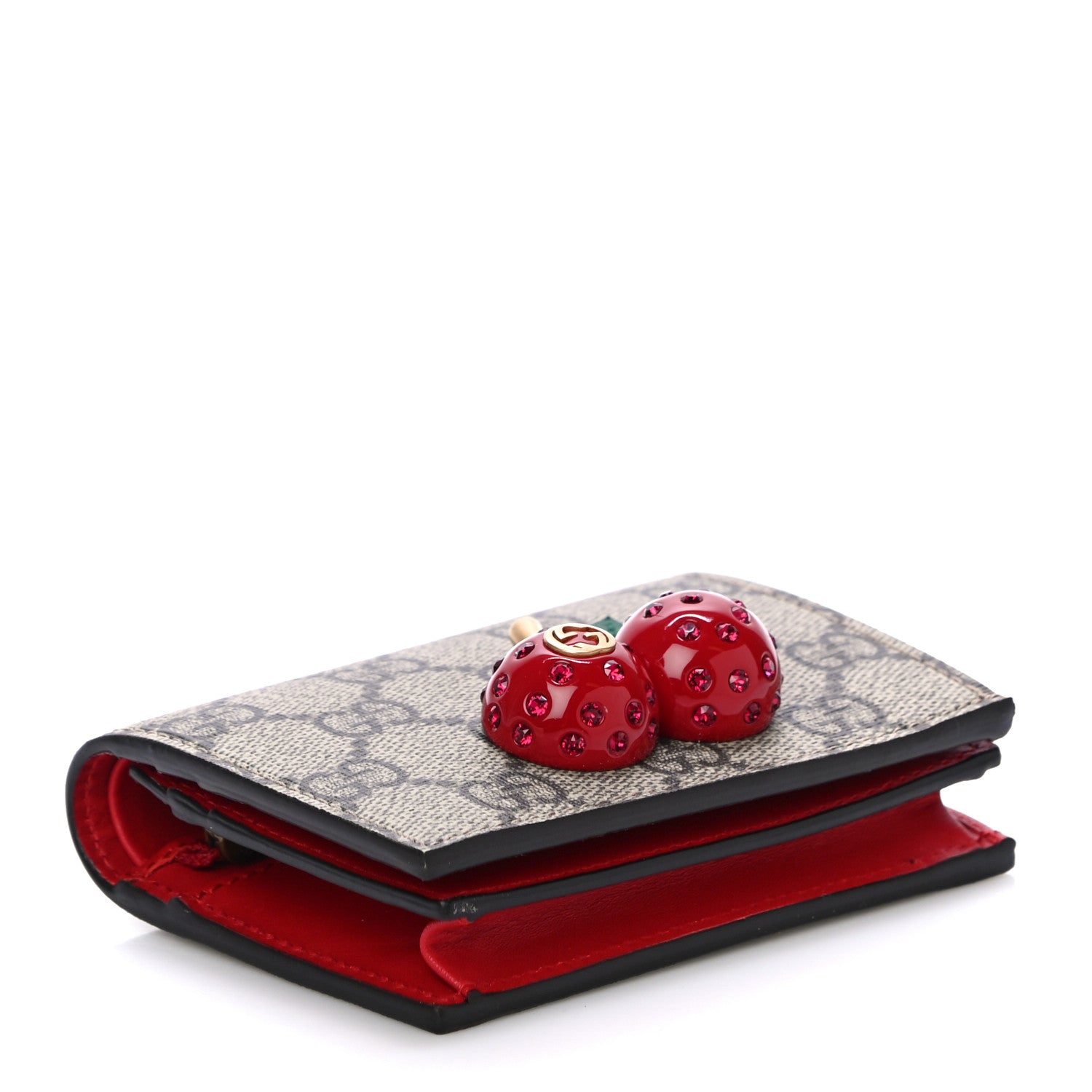 Gucci GG Supreme Monogram Cherry Embellished Card Case Wallet Hibiscus Red 4 of 11