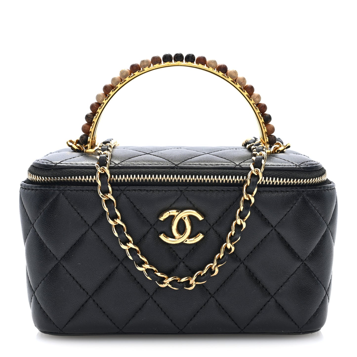 Shiny Lambskin Quilted Small Metal Wood Top Handle Vanity Case With Chain Black