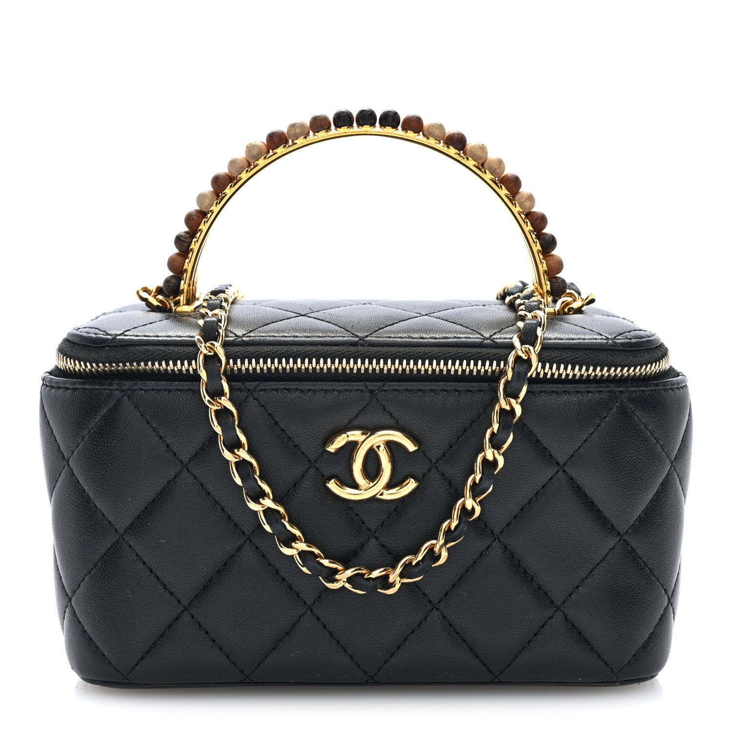 Chanel Shiny Lambskin Quilted Small Metal Wood Top Handle Vanity Case With Chain Black 1 of 11