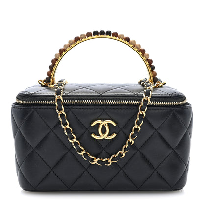 Chanel Shiny Lambskin Quilted Small Metal Wood Top Handle Vanity Case With Chain Black 1 of 11