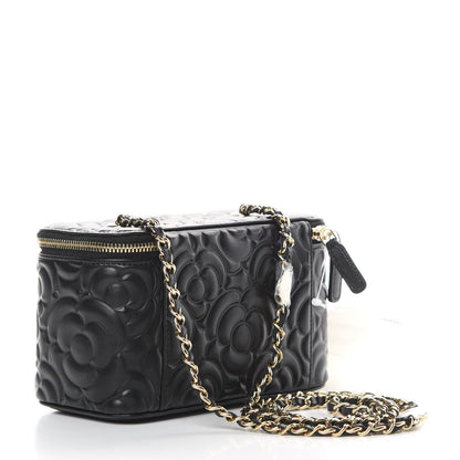 Chanel Lambskin Camellia Embossed Small Vanity Case With Chain Black 3 of 11