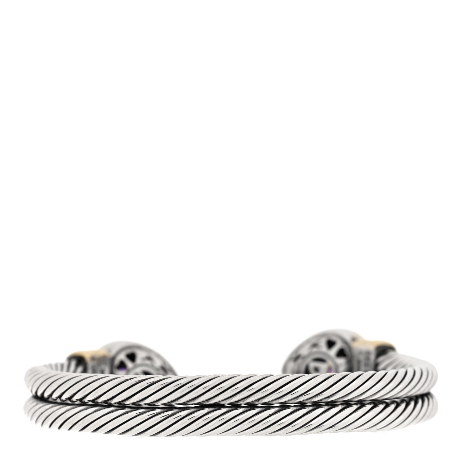 David Yurman Sterling Silver 14K Yellow Gold Amethyst Heart Double Cable Cuff Bracelet 2 of 3